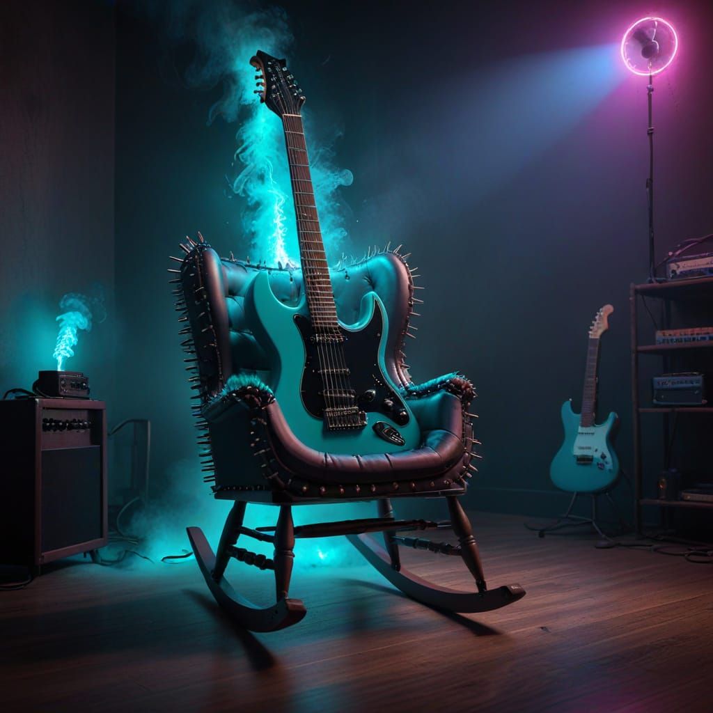 A rocking chair covered in leather and spikes. On the chair is a neon electric guitar single neck with smoke rising up f...