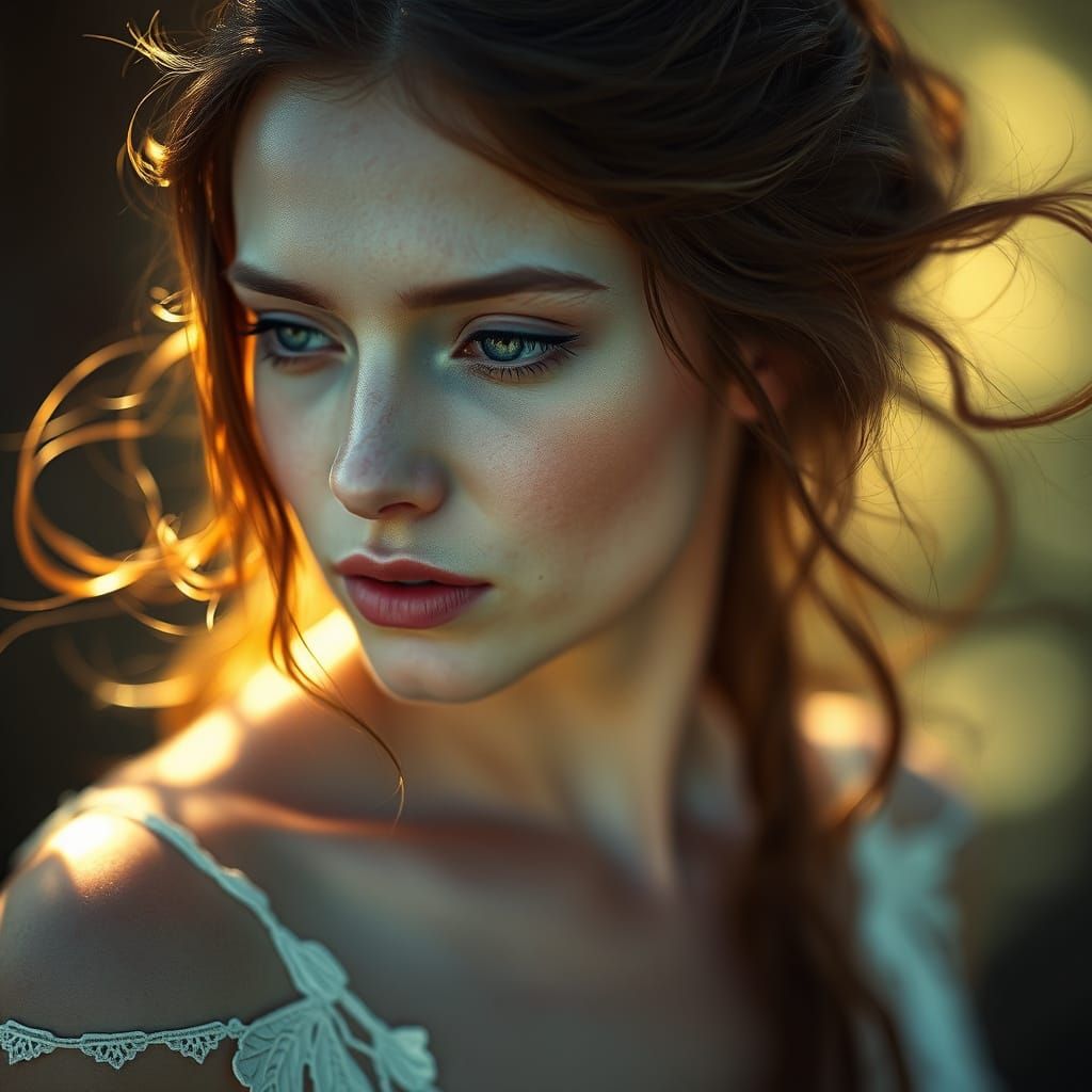 Ethereal Fairy Woman Surrounded by Magic in Soft Light