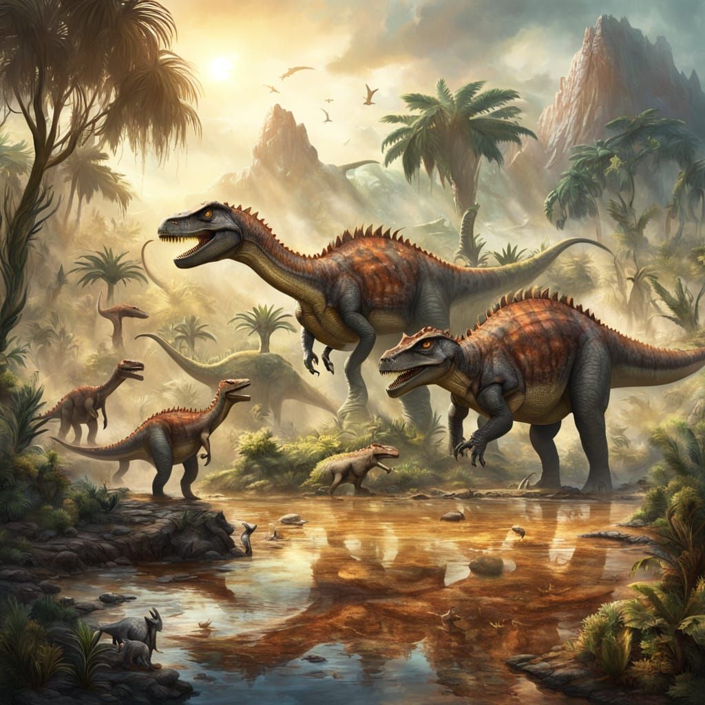Jurassic Watering Hole with Dinosaurs: Digital Painting