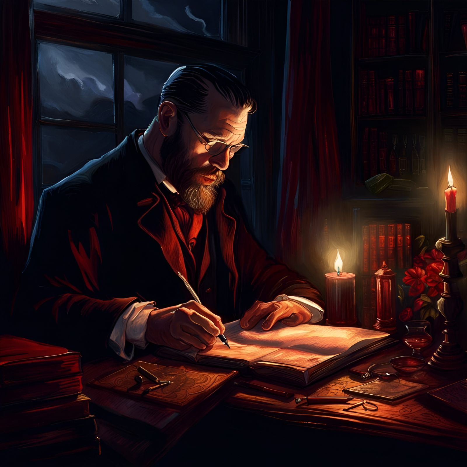 Bram Stoker writing his book Dracula in his candlelit study