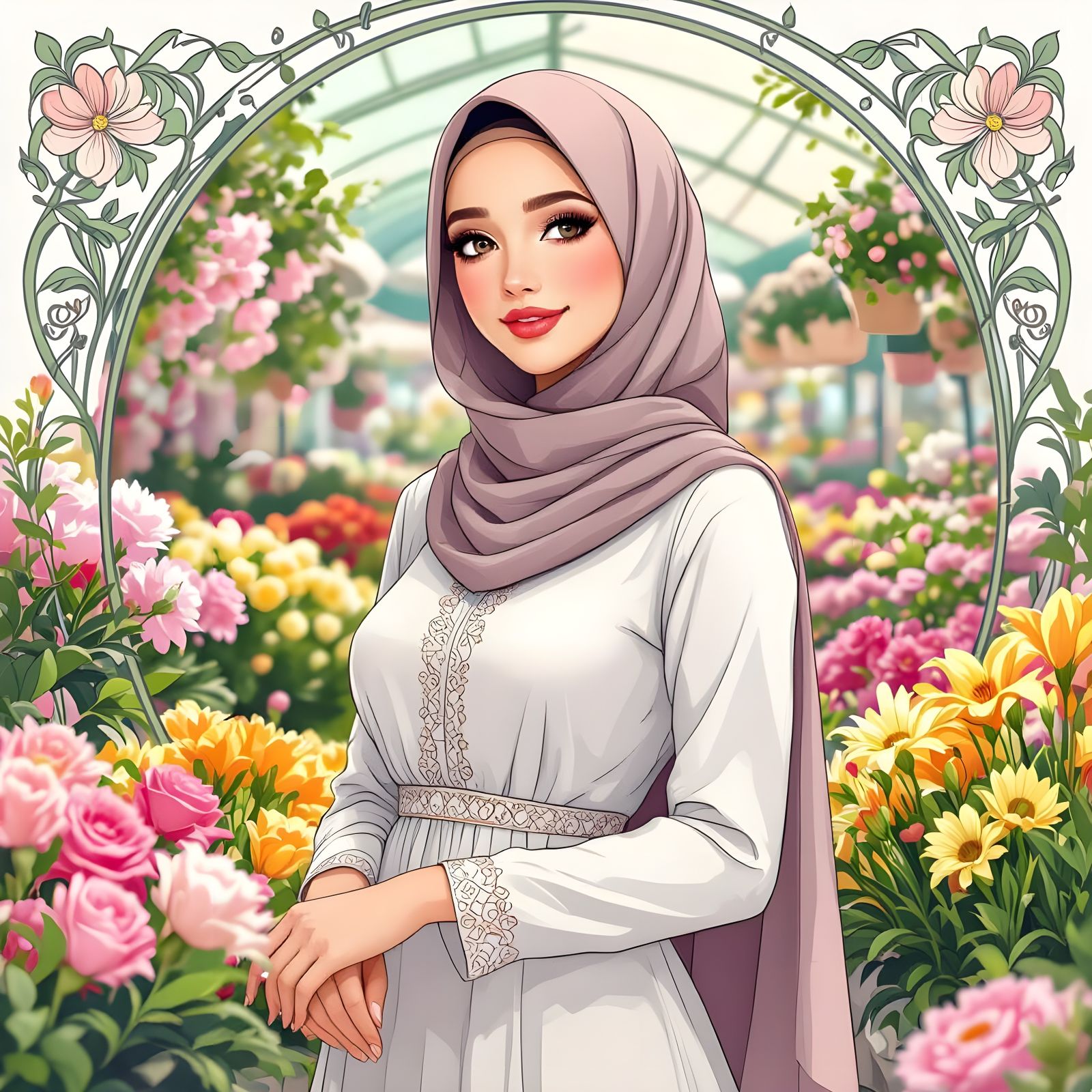 Woman in Hijab in Flower Market, Art Nouveau Style
