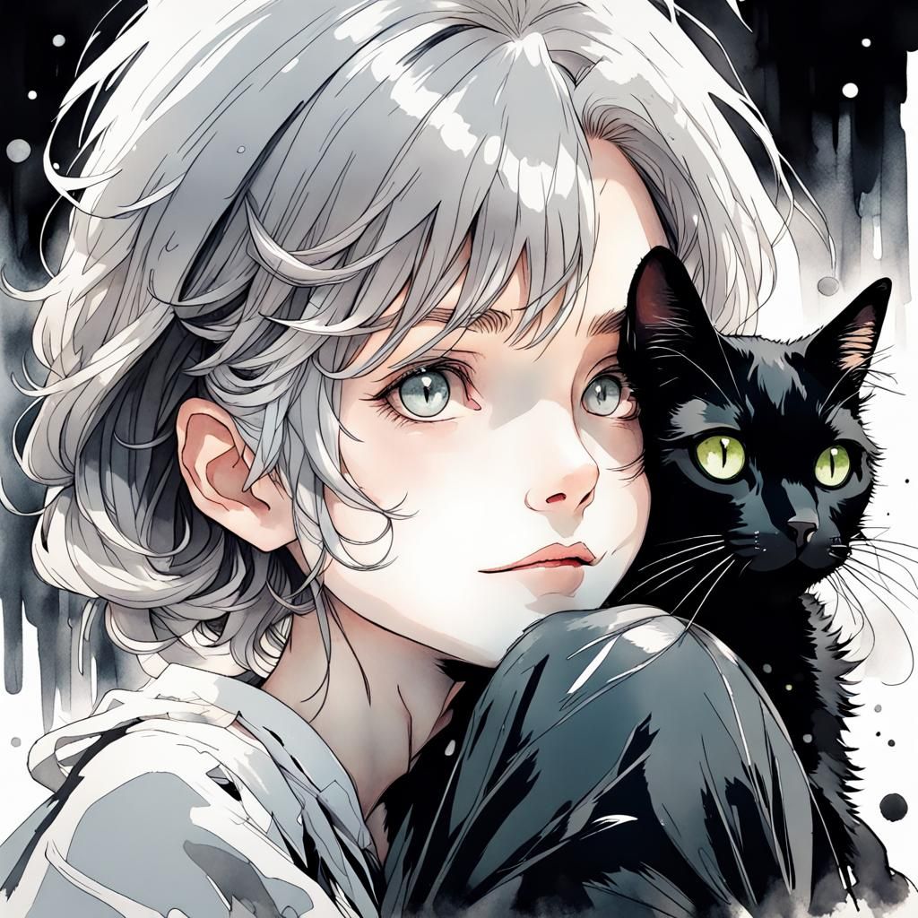 Anime Girl with Cat in Ink and Watercolor
