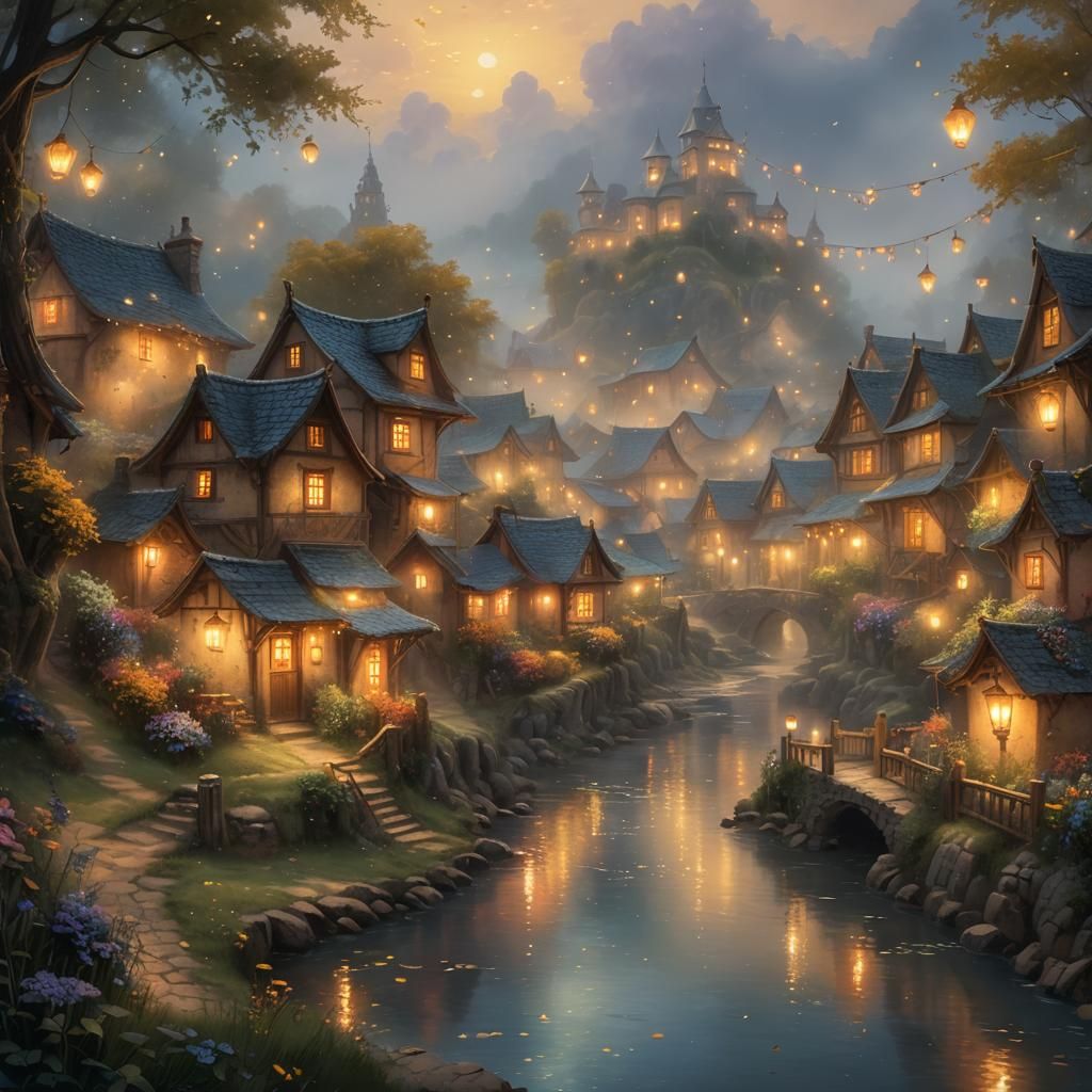 Ethereal Fantasy Village in Mist, Soft Warm Light