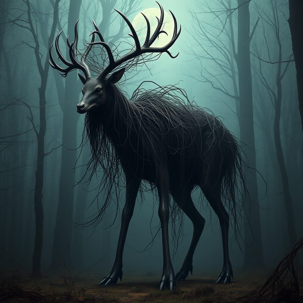Ethereal, Primeval Deer Creature in Dark, Mystical Textures