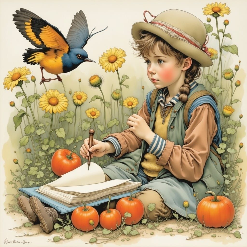 Whimsical Child Artist in Storybook Illustration Style