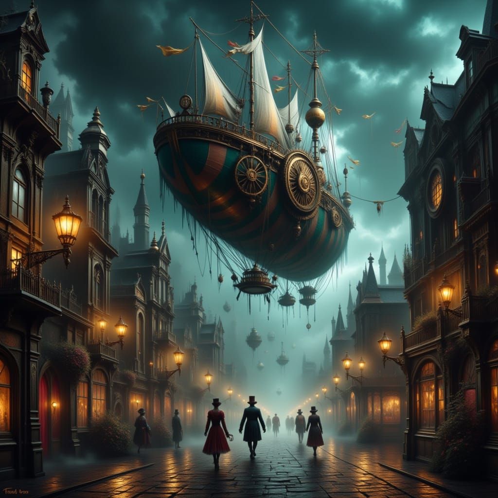Eerie Steampunk Cityscape with Ornate Airship