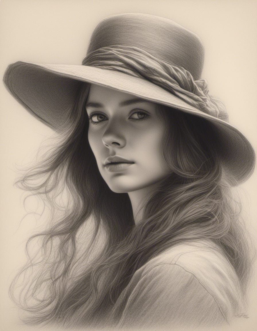 Woman in a wide-brimmed hat casting shadows over her face, profile view, head slightly down, eyes hidden by the brim, hy...