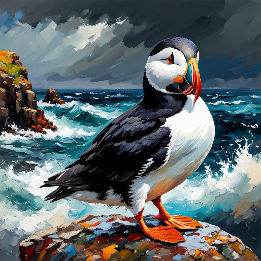 Cute Puffin on Rock, Tachisme Oil Painting