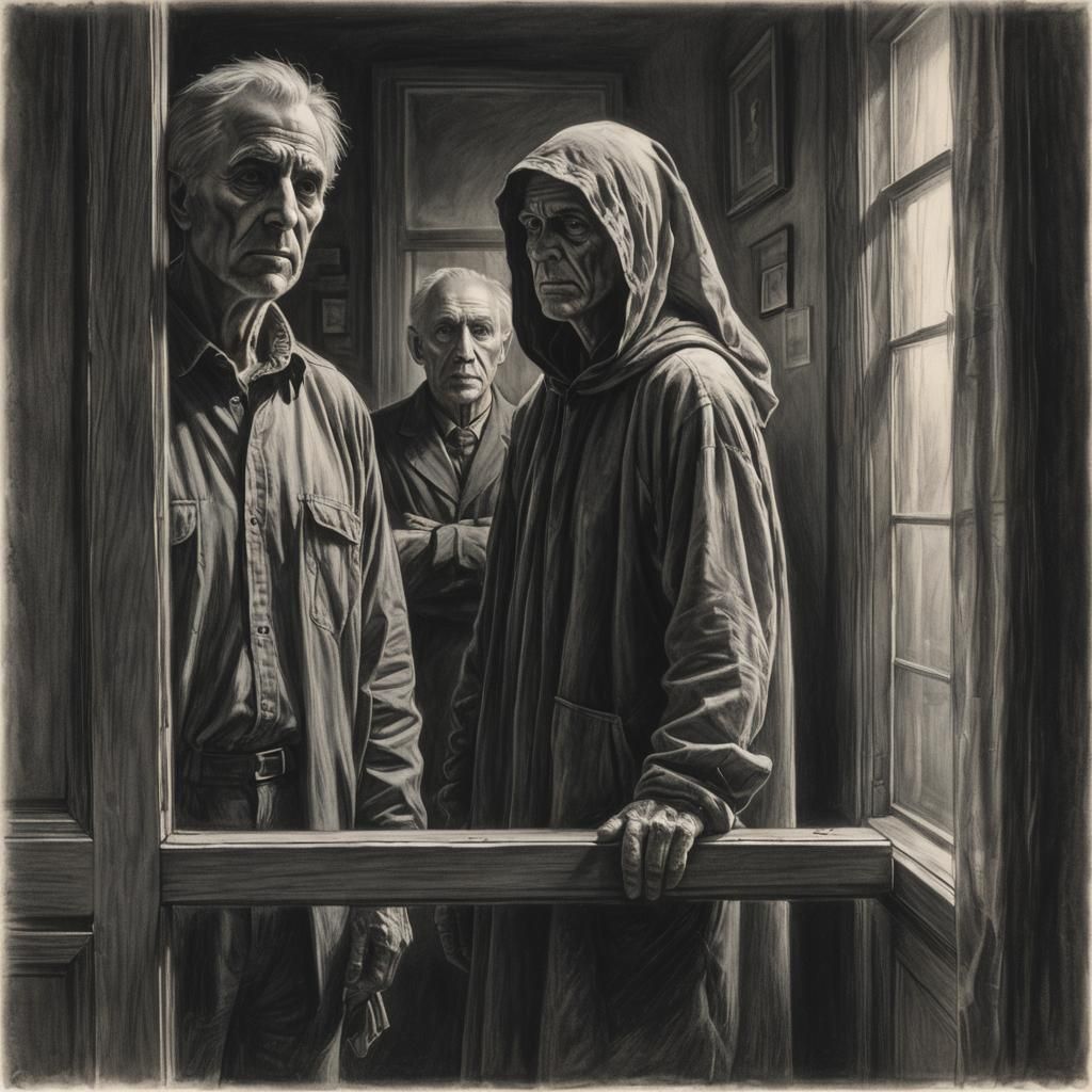 Hyperrealistic Charcoal Drawing: Ghostly Encounter by Window