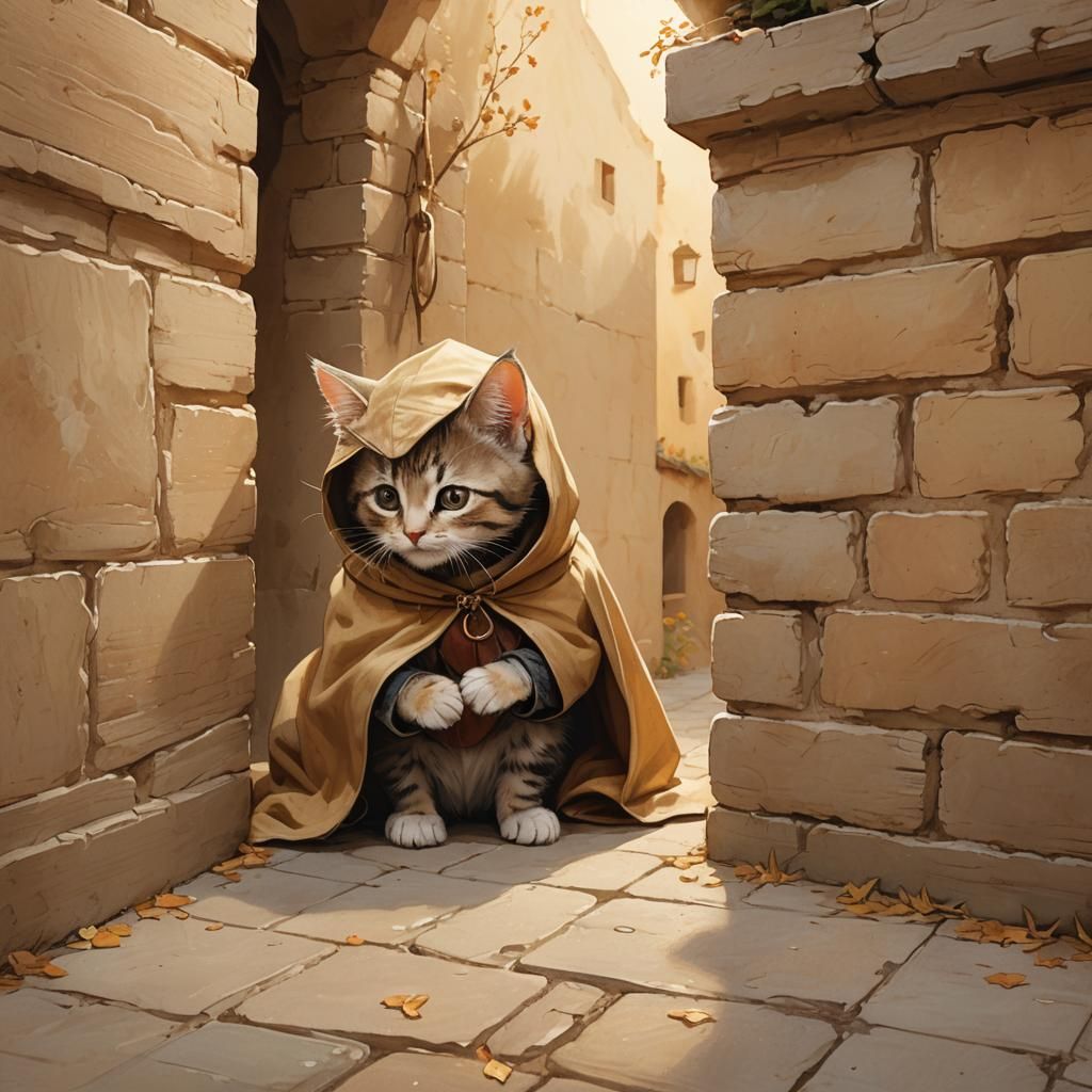 Kitten in Cloak: Whimsical Wall Hideaway Illustration