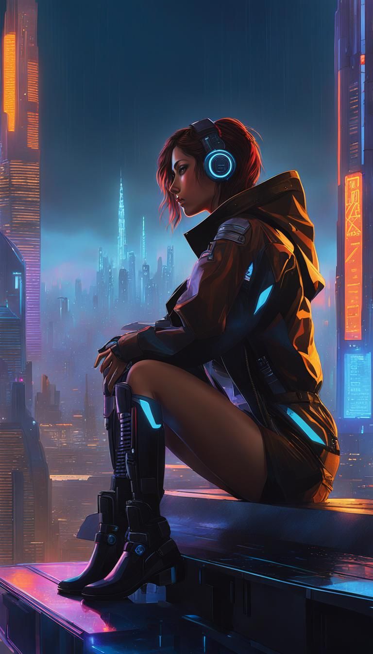 Cyberpunk Cyborg Girl Gazing Over Neon Cityscape