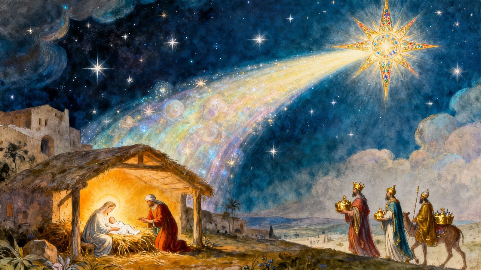 Radiant Star Guides Wise Men to Nativity Scene