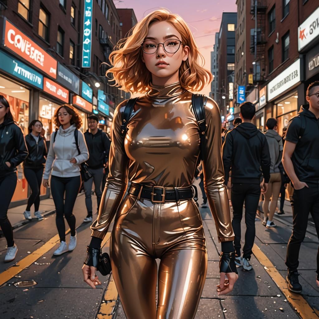 Anime Woman in Bronze Latex, Neon Cityscape