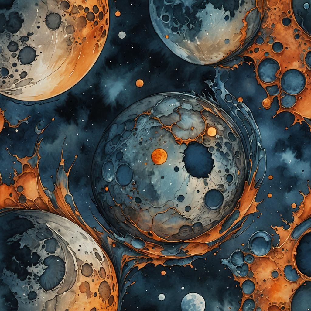 Detailed Lunar Craters in Watercolor Ink