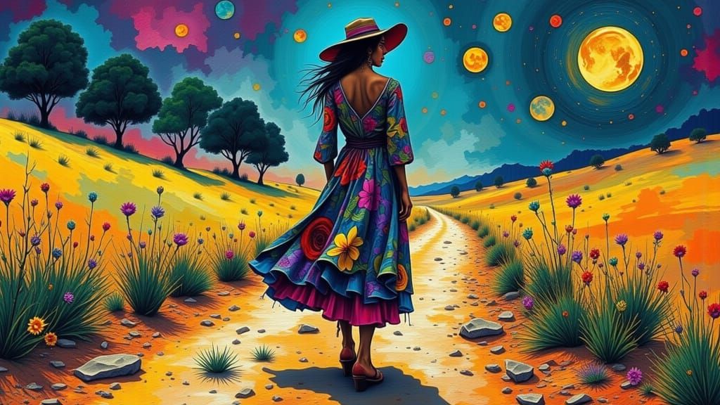 Colorful Gypsy Woman on Winding Road, Art Nouveau Style