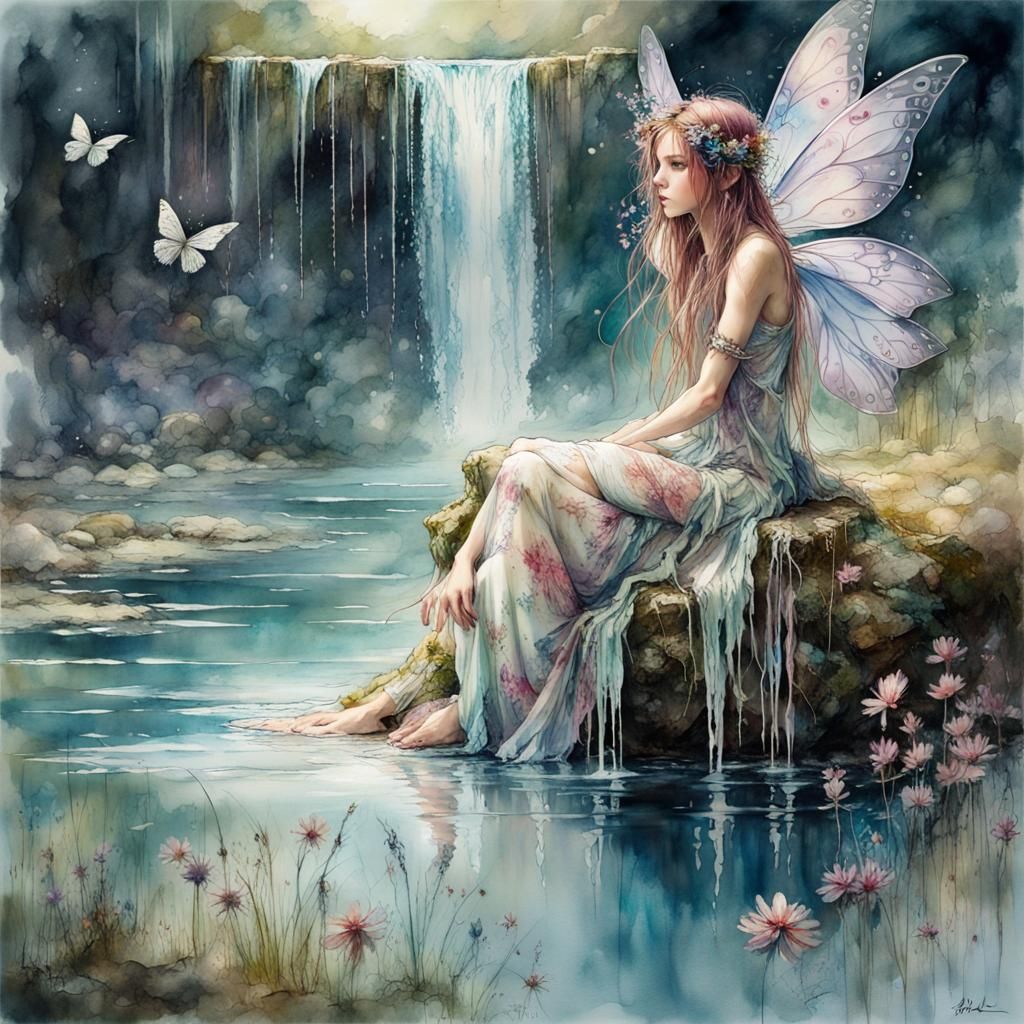 Fairy in Lake: Fantasy Landscape in Watercolor Art
