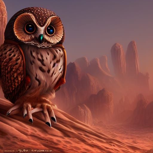 Fantastical Owl in Desert Landscape