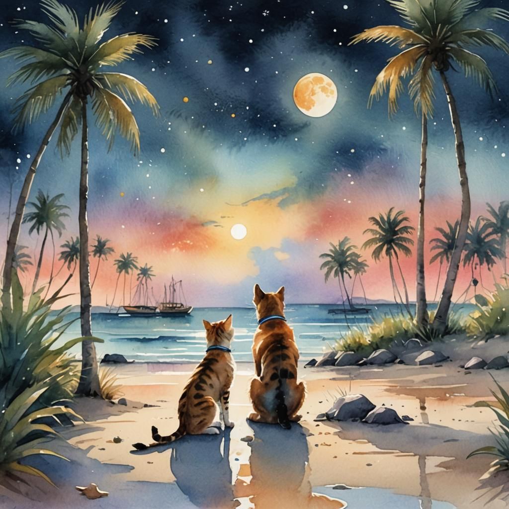 Heartwarming Cat and Dog Kiss in Watercolor Style