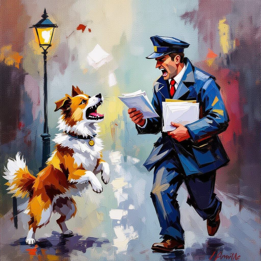 Dog and Postman Rivalry Painting in Expressive Style
