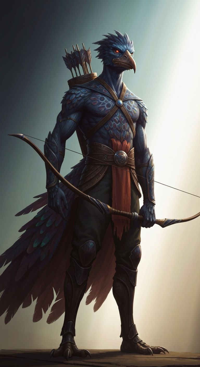 Birdfolk Warrior with Bow and Arrow in Dramatic Lighting