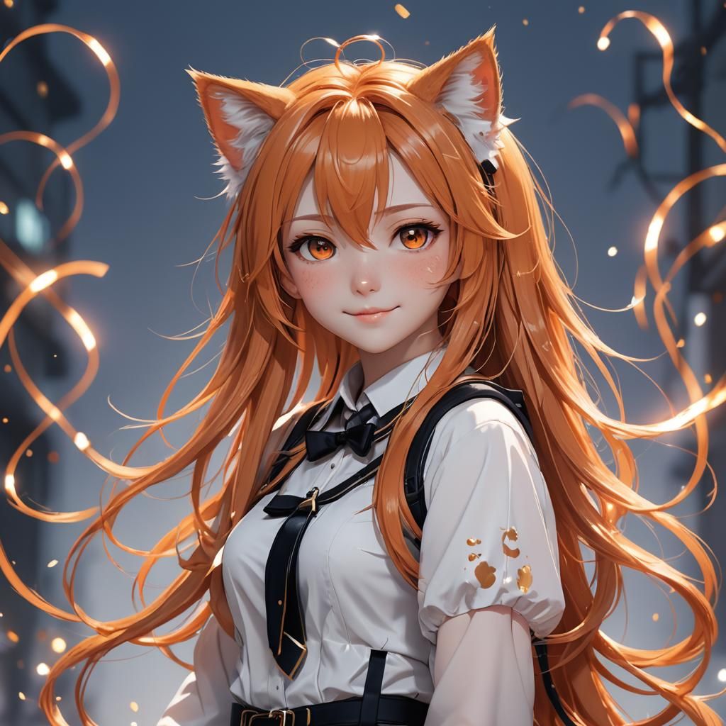 Anime Girl with Cat Features and Sparkling Background