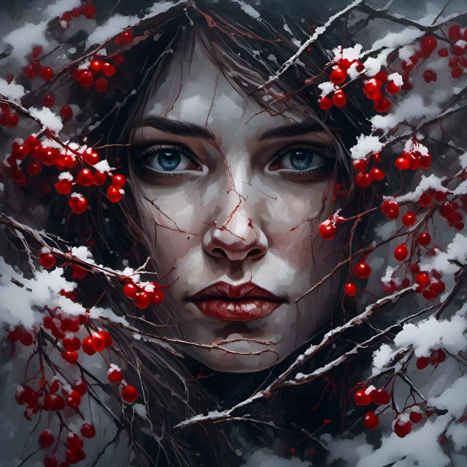 Snowy Woman Portrait with Red Berries Macro Shot