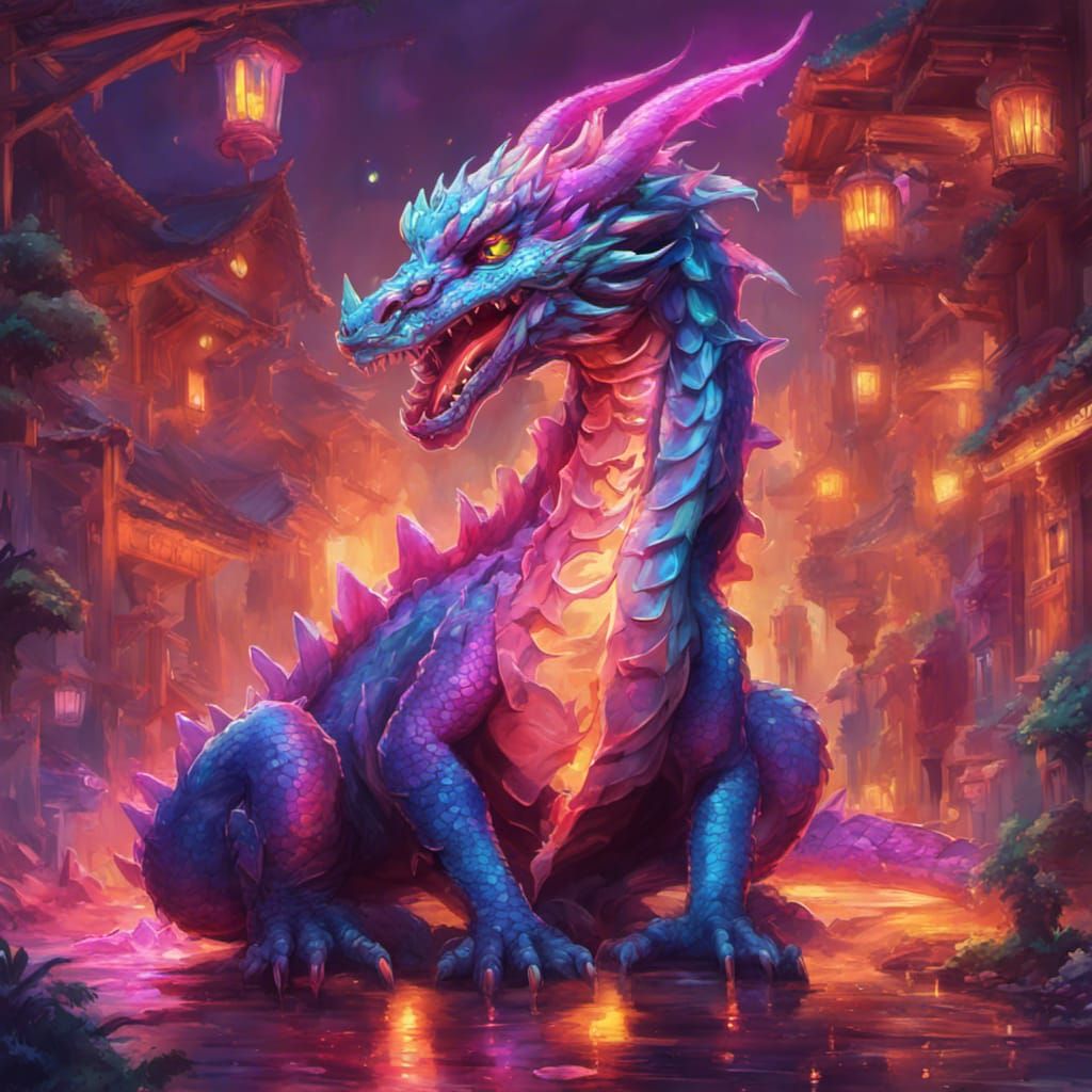 Neon Dragon Shines Happiness on Tiny Village