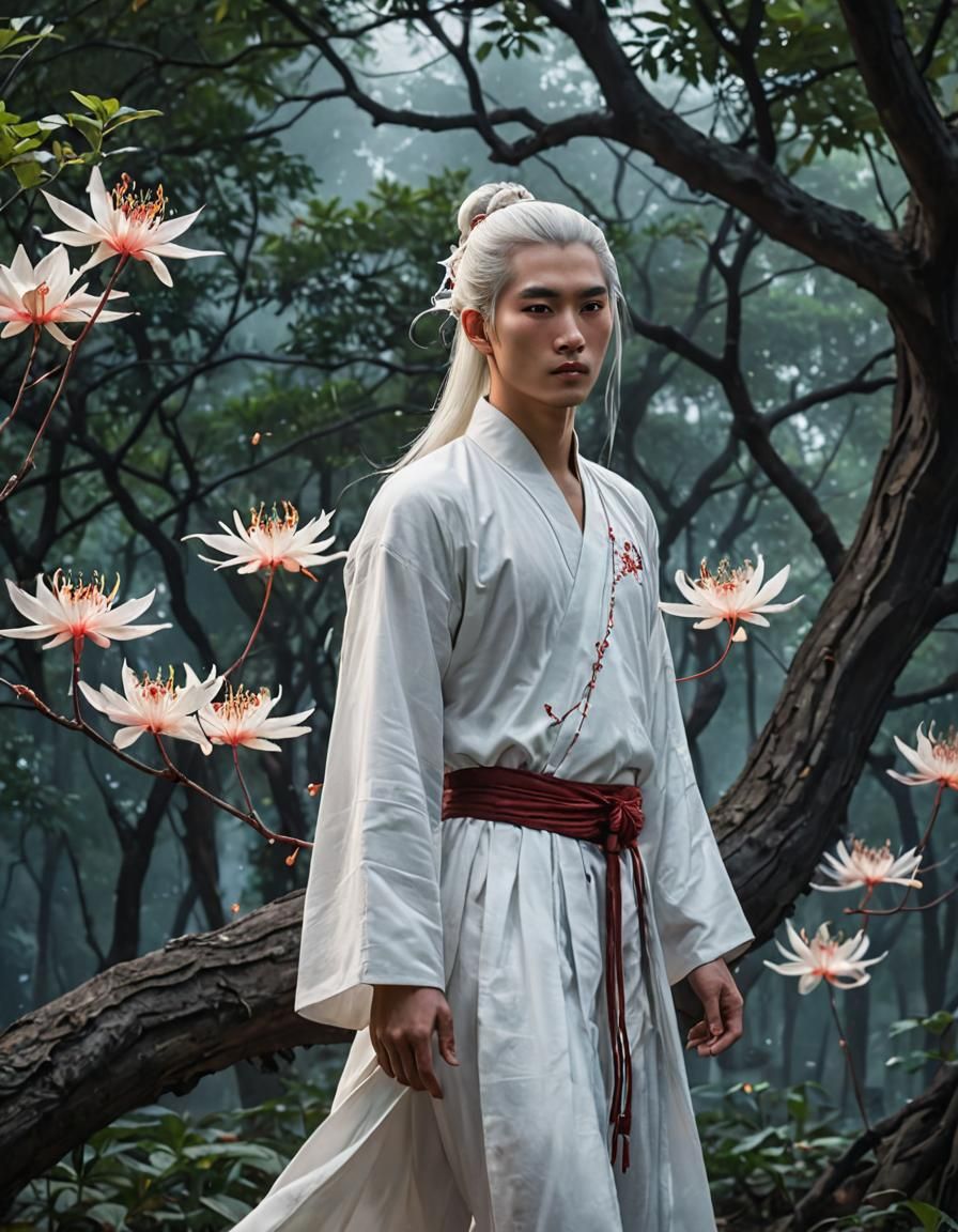 Man in White Chinese Clothing Under Firefly Light