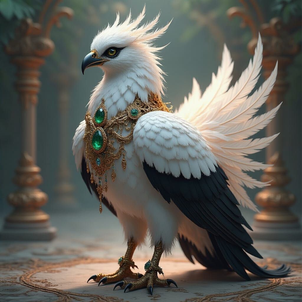 Ornate Mythical Avian Guardian with Jewels and Gold