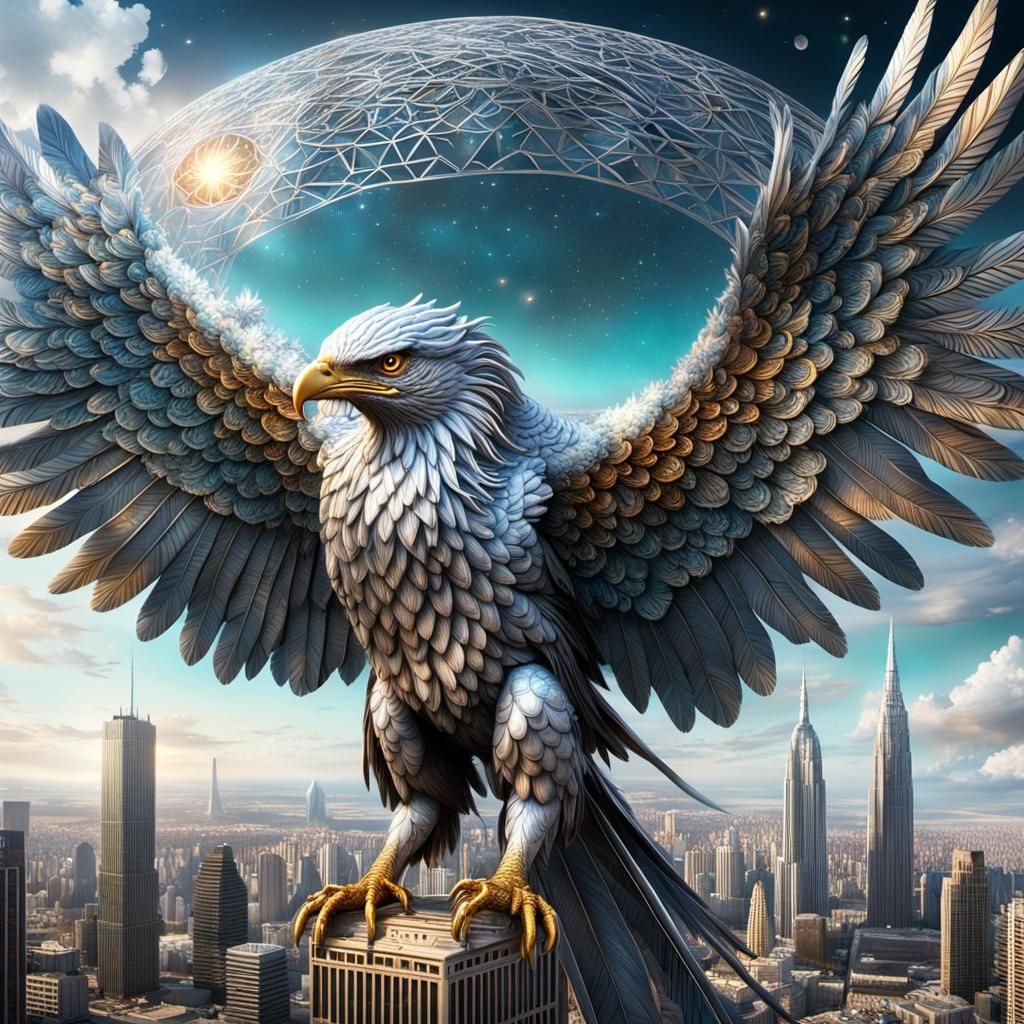 Giant Silver Phoenix Over Metropolis