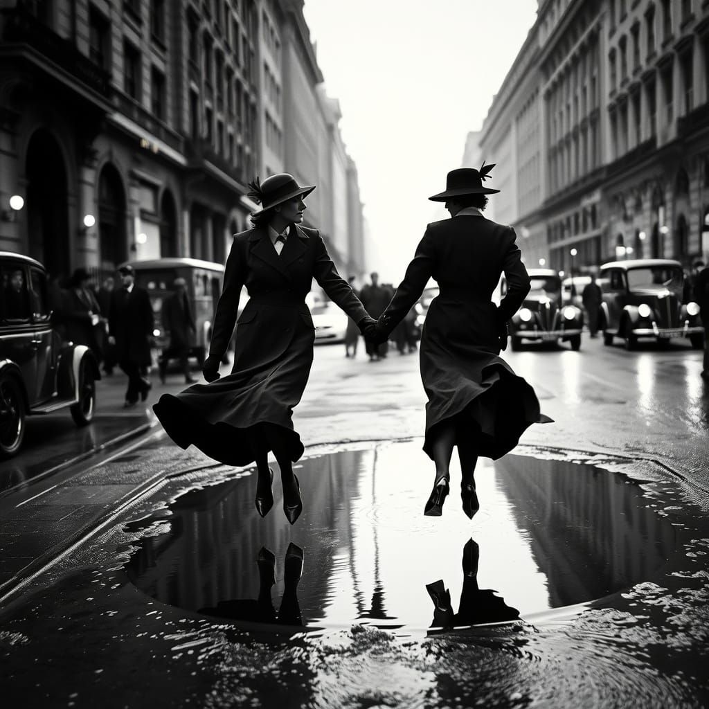 Glamorous Women Leap Over Puddle in Vintage London Street Sc...