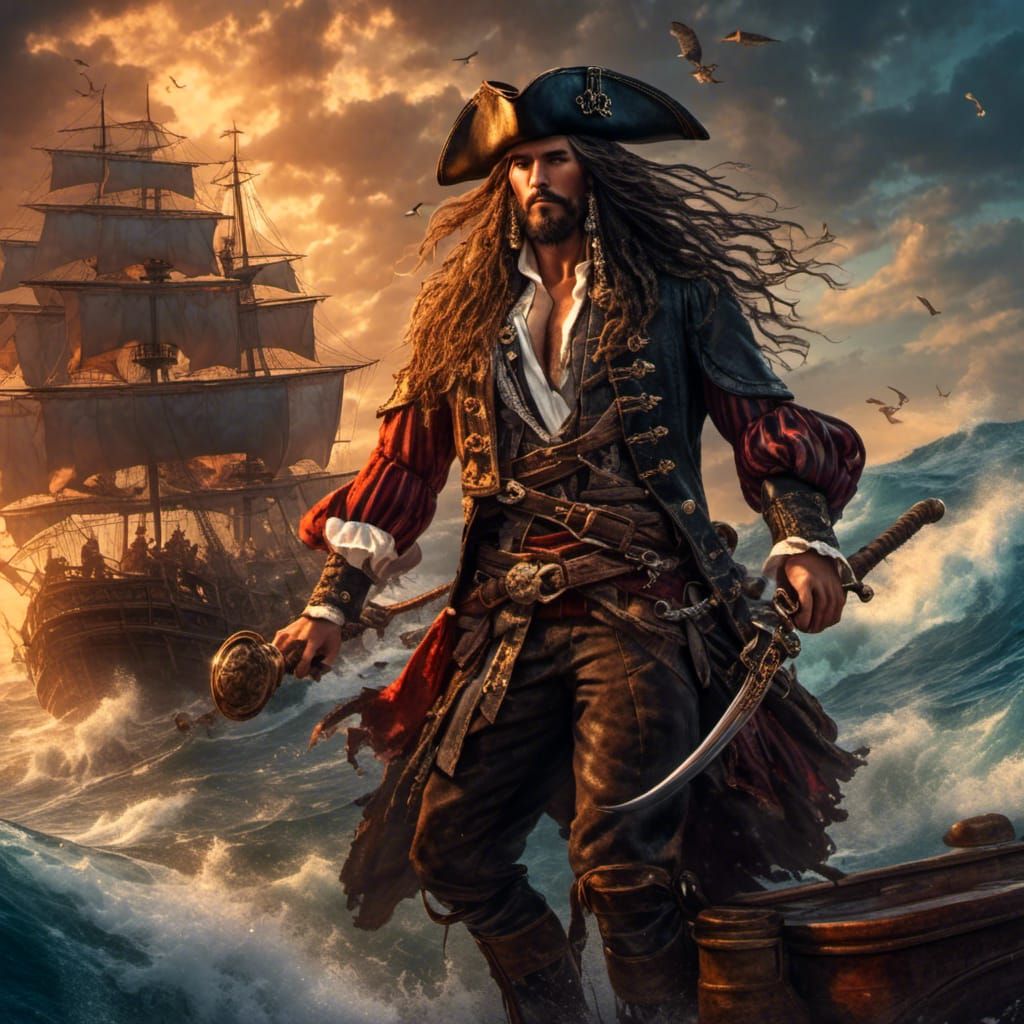 Handsome Pirate and Goddess on Ship at Sunset