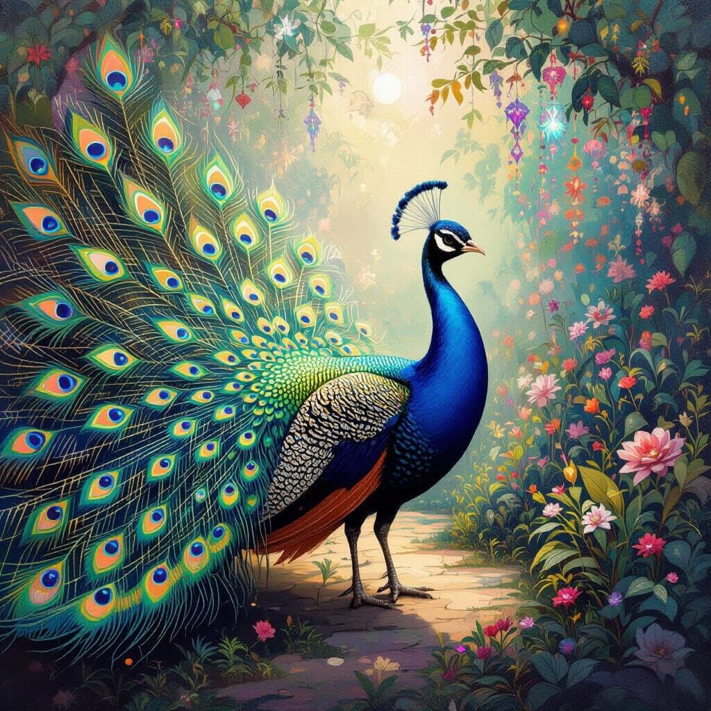 Peacock in Surreal Garden: Impressionist Maximalism