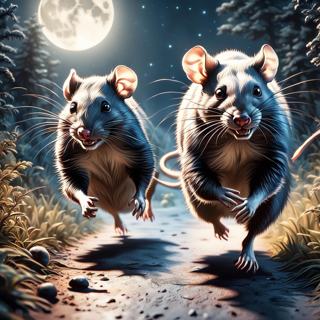 Mice Hunted by Badger in Moonlit Forest