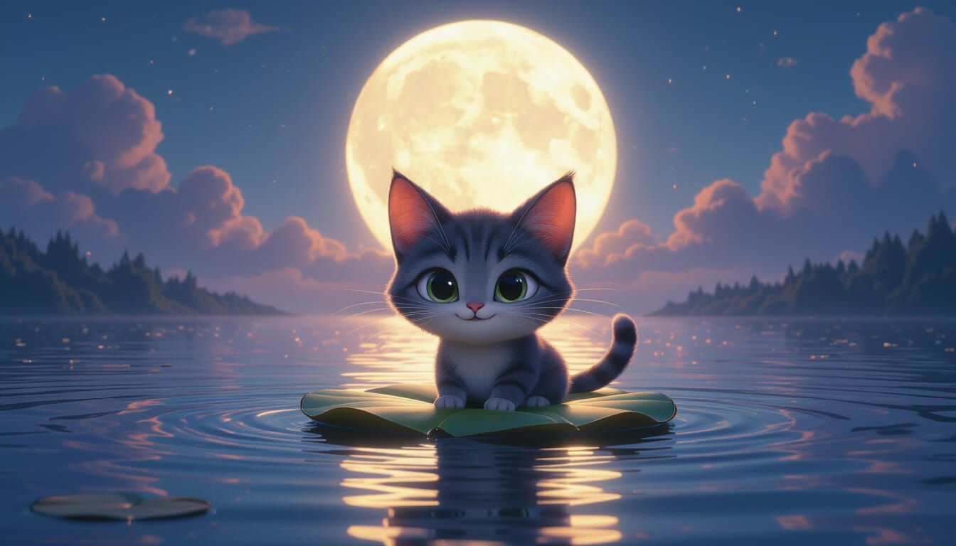 Cat Paddles Glowing Lily Pad Across Surreal Lake