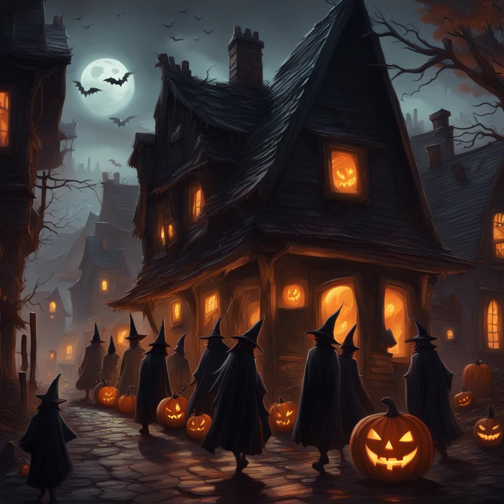 A spooky little town with witches houses "witches standing outside their door stirring their couldren" black cats walkin...