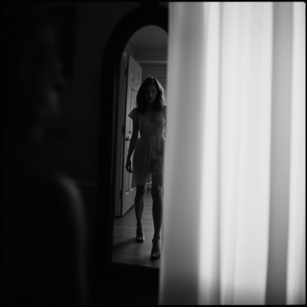 Woman Steps Through Mirror in Cinematic Still