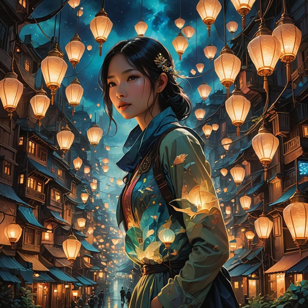 Bioluminescent Cityscape at Night: Fantasy Art