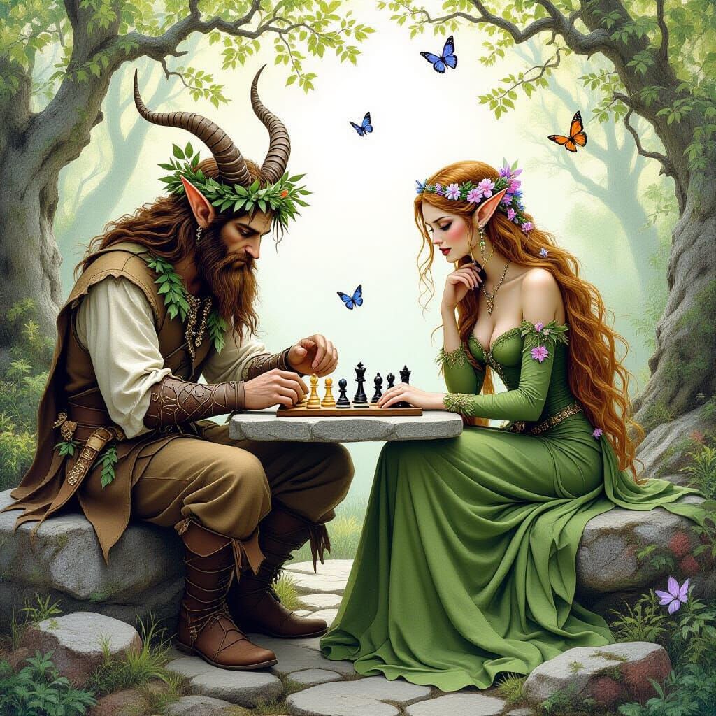 Satyr and Elf Chess Game in Forest