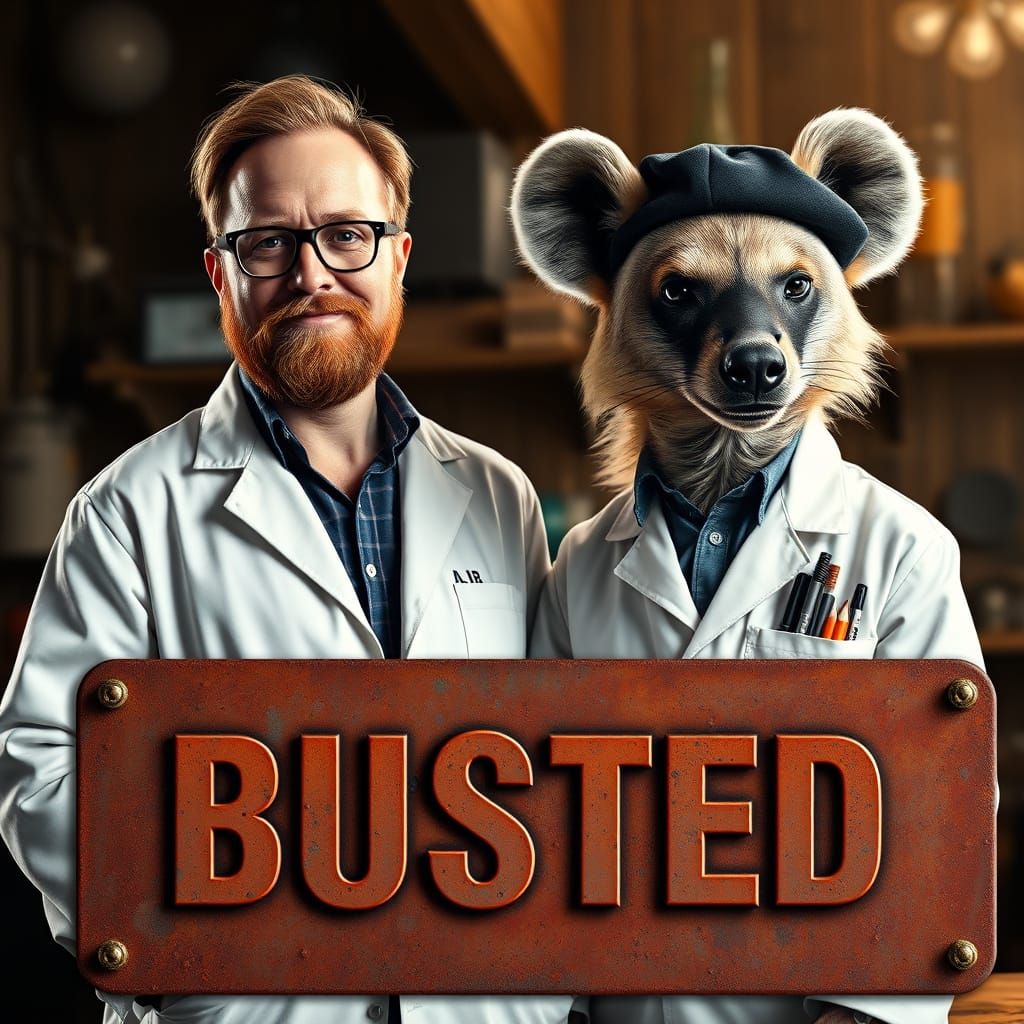 Confident Inventor Beside a Sophisticated Hyena