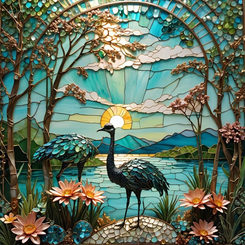Tropical Lagoon Stained Glass Mosaic with Ostrich Sculpture