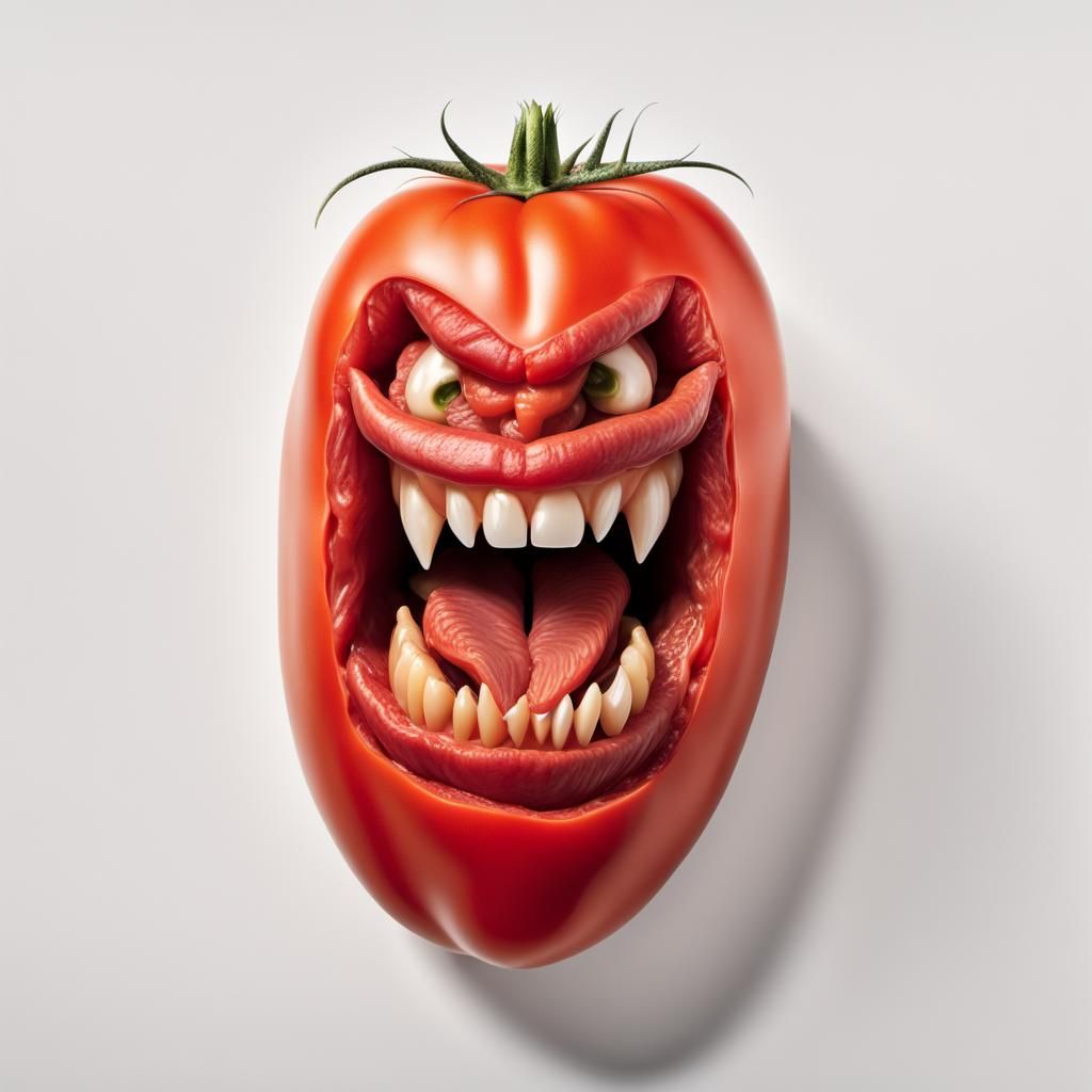 Menacing Beefsteak Tomato with Fangs on White