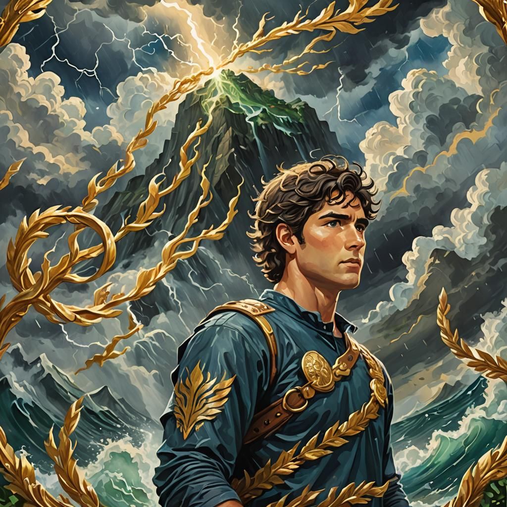 Percy Jackson in Stormy Mount Olympus Gouache Painting