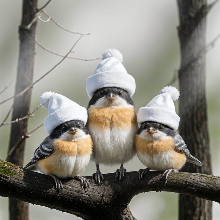 Three Chickadees Wearing White Hats Perched Together