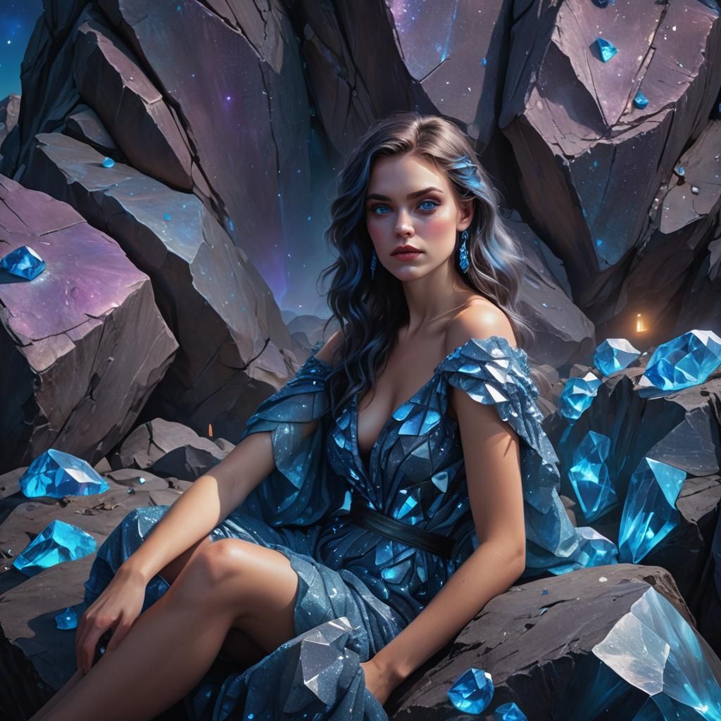 Blue Diamond Woman under Moonlight in Fantasy Art