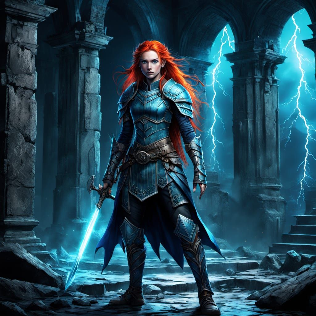 Redheaded Elf Warrior in Ancient Ruins with Lightning