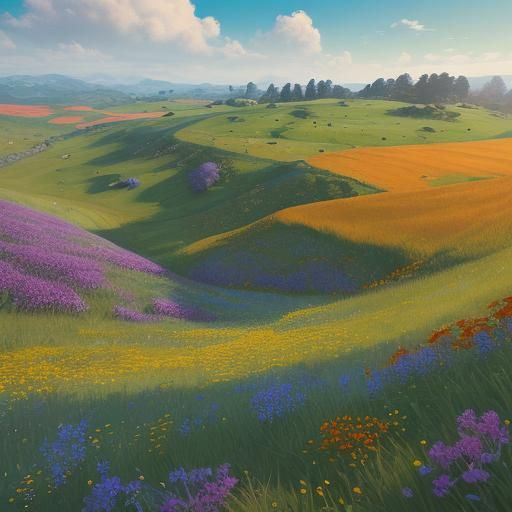 Lush Country Road Landscape in Decorative Art Style