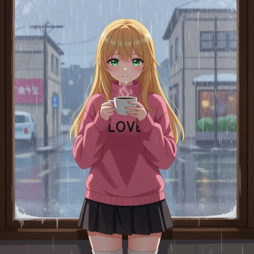 Teenage Girl With Coffee By Rainy Window