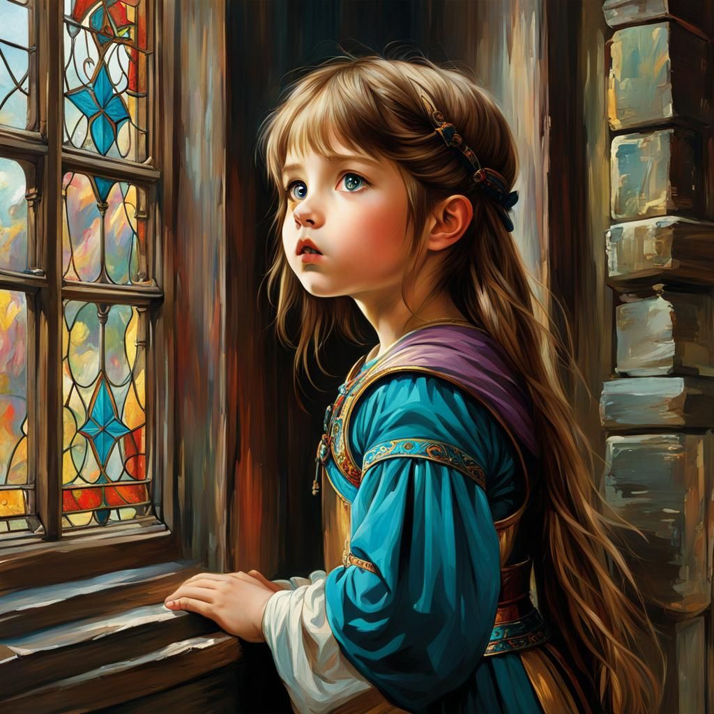 Child Stares Out Window in Anime Style