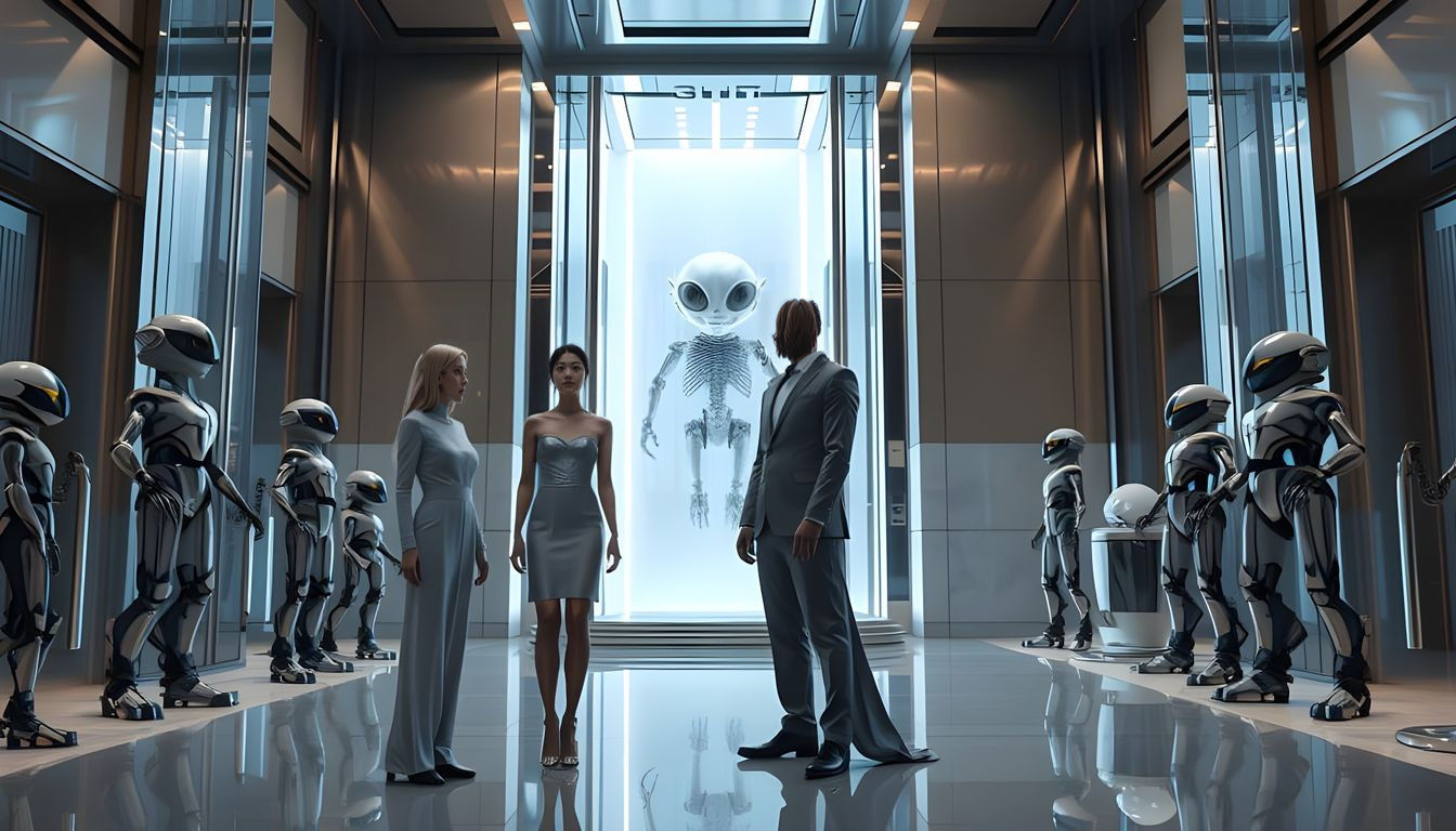 Family Surrounded by Advanced Robotics in Futuristic Home